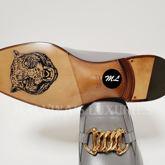 GUCCI SHOES EBAL GRAY LEATHER HORSEBIT CHAIN LOAFERS ICE LOLLY sz 37 7 US - Picture 13 of 15